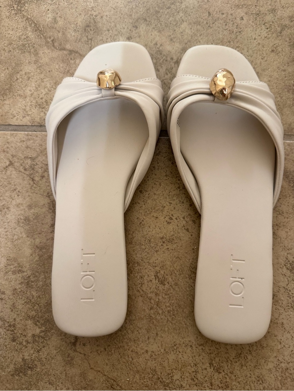 LOFT White Knotted Slide Sandals with Gold Accent Detail
